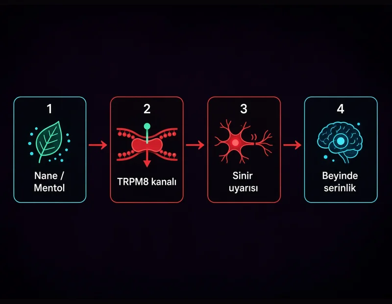 Mentol TRPM8 soğuk hissi akışı: nane, sinir kanalı, beyinde serinlik yorumu şeması