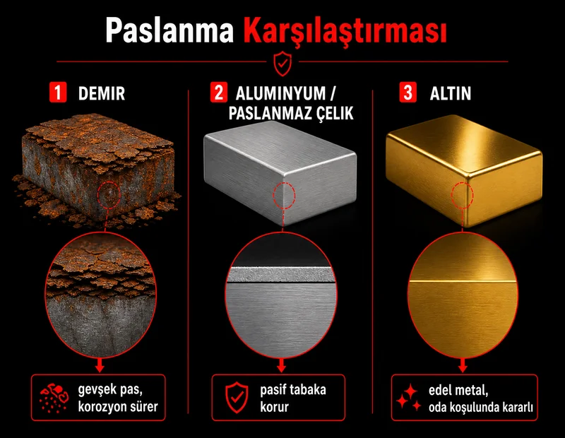 Metal paslanma karşılaştırması: demir gevşek pas alüminyum pasif tabaka altın edel metal korozyon şeması