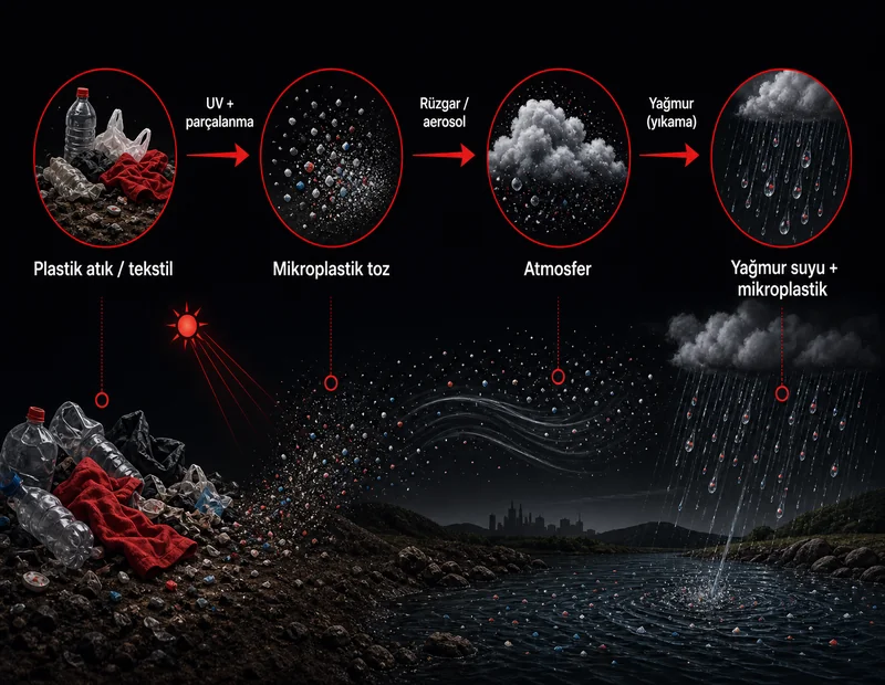 Mikroplastik yağmur döngüsü: plastik parçalanma atmosfer taşınımı yağmur yıkaması şeması