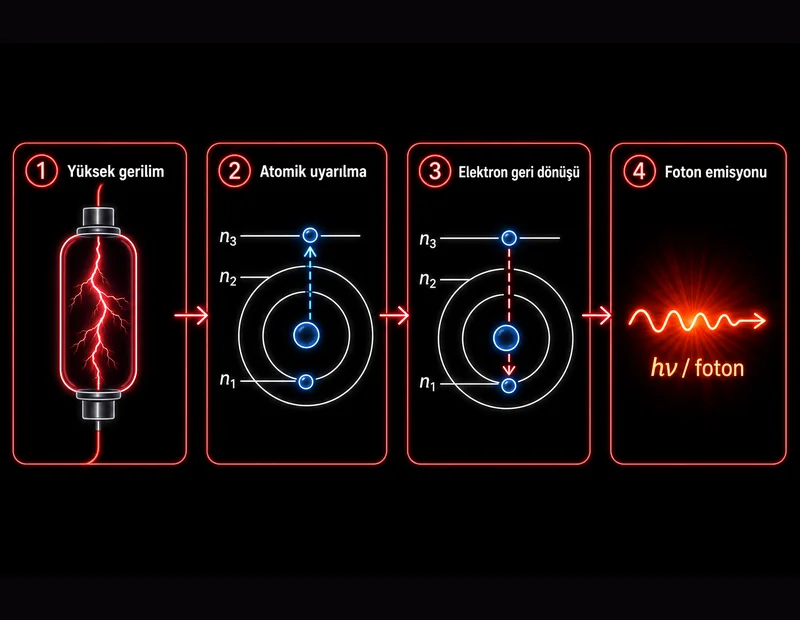 Neon tabela akış şeması: elektrik uyarımı, atomik uyarılma, elektron geçişi ve foton emisyonu