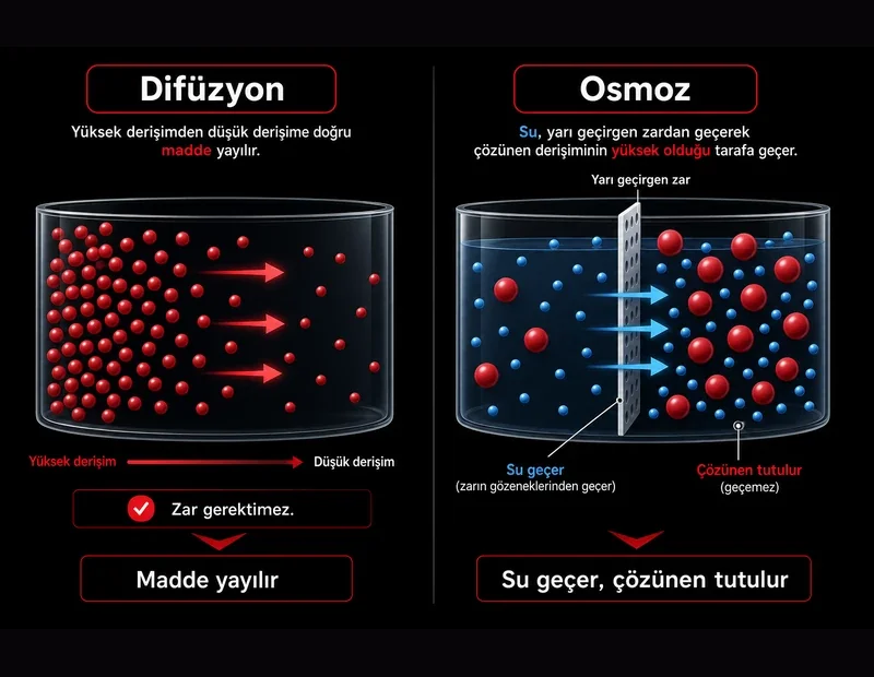 Osmoz ve difüzyon karşılaştırma şeması: derişim farkı, yarı geçirgen zar, su geçişi ve madde yayılması