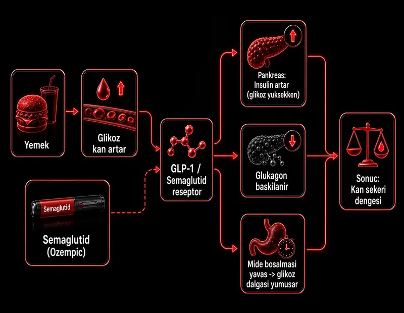 Ozempic kan şekeri dengesi şeması: semaglutid GLP-1 reseptör agonisti, glikoza bağımlı insülin artışı ve glukagon baskılanması
