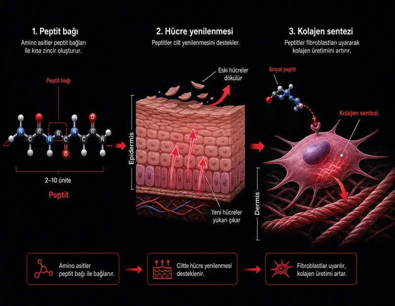 Peptit cilt yenilenmesi şeması: peptit bağı amino asit zinciri, stratum corneum turnover, fibroblast kolajen sentezi, sinyal peptit 500 Dalton TYT kimya diyagramı
