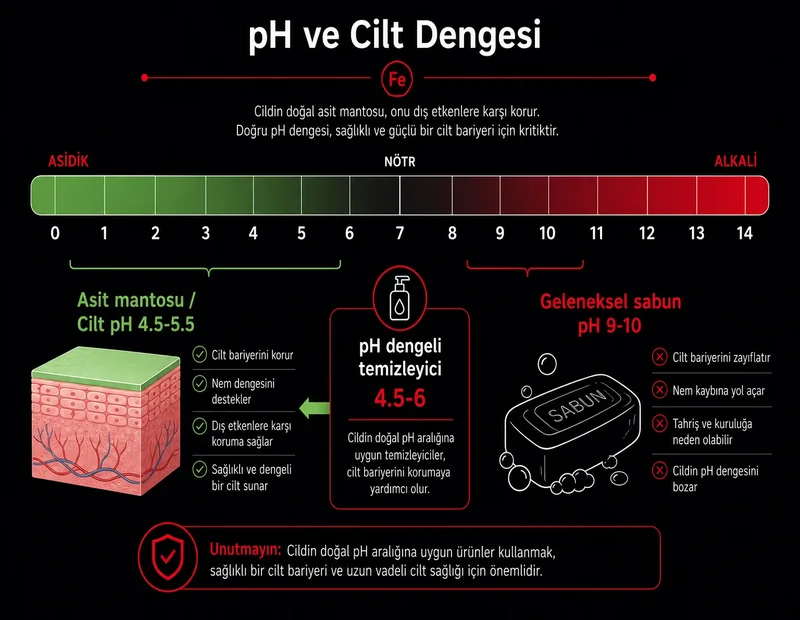 Asit mantosu pH 4,5–5,5 ve sabun pH 9–10 karşılaştırma şeması; cilt bariyeri pH dengeli temizleyici TYT kimya diyagramı