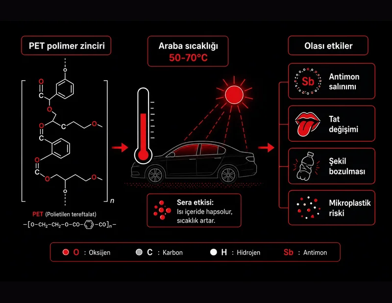 Plastik şişe araba sıcaklığı şeması: PET polimer zinciri, cam etkisi 50-70°C, antimon salınımı ve mikroplastik riski