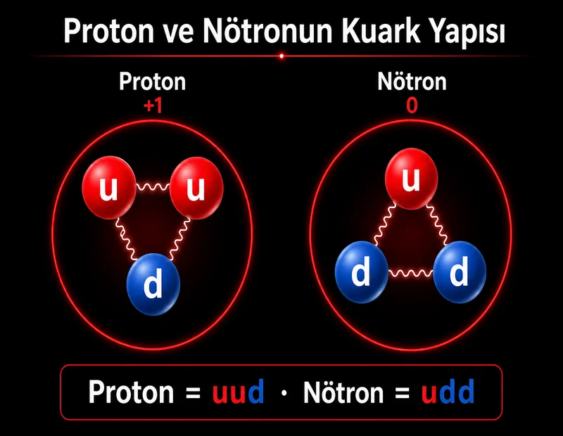 Proton uud ve nötron udd kuark yapısını gösteren şema