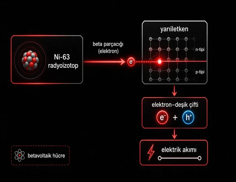 Betavoltaik nükleer pil şeması: nikel-63 beta bozunması elektrik üretimi ve yarıiletken elektron-deşik çifti