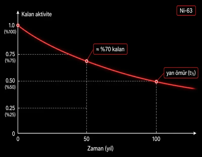 Nikel-63 yarı ömrü günlük hayat örneği: 50 yıl nükleer pil iddiasında kalan aktivite yaklaşık yüzde 71 şeması