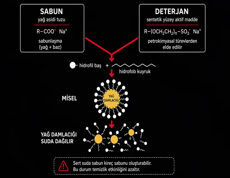 Sabun ile deterjan farkı şeması: karboksilat baş grubu, sülfat veya sülfonat baş grubu, hidrofil hidrofob uçlar ve misel oluşumu