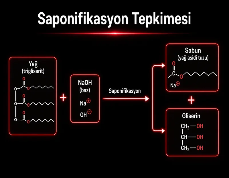 Sabun saponifikasyon tepkimesi akış şeması; yağ trigliserit artı NaOH baz sabun yağ asidi tuzu ve gliserin TYT kimya diyagramı