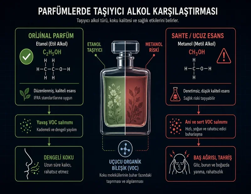 Sahte parfüm şeması: etanol taşıyıcı orijinal parfüm, metanol riski ucuz esans, VOC baş ağrısı mekanizması