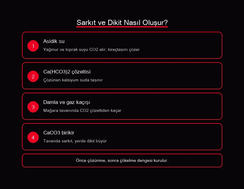 Sarkıt ve dikitler nasıl oluşur adım şeması AYT: CO2, Ca(HCO3)2, CaCO3 çökelme