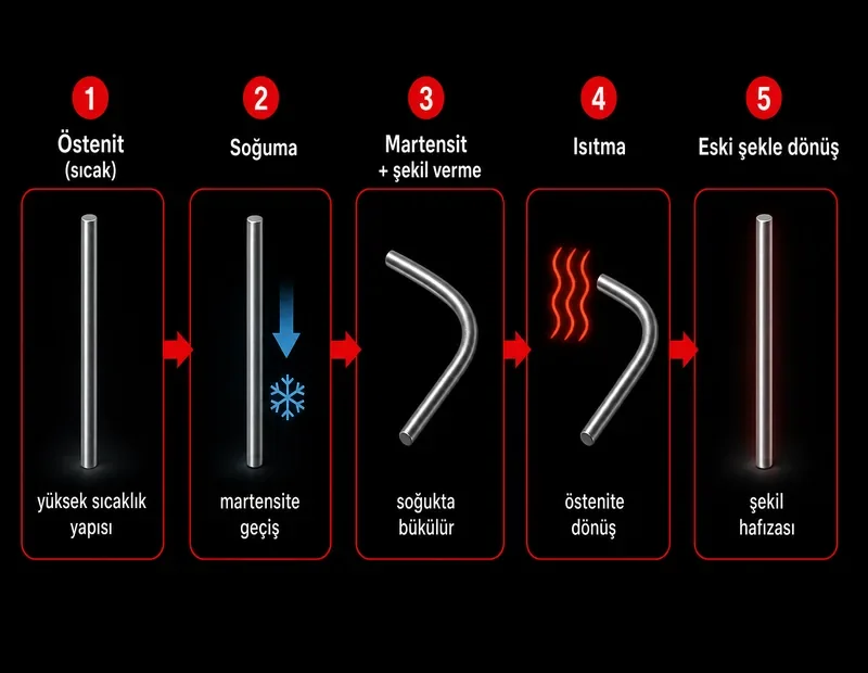 Şekil hafızalı alaşım akışı: östenit, soğuma, martensit, deformasyon, ısıtma ve eski şekle dönüş