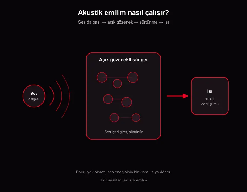 Ses yalıtım süngeri akustik emilim akış şeması: ses dalgası, açık gözenek, sürtünme ve ısıya dönüşüm