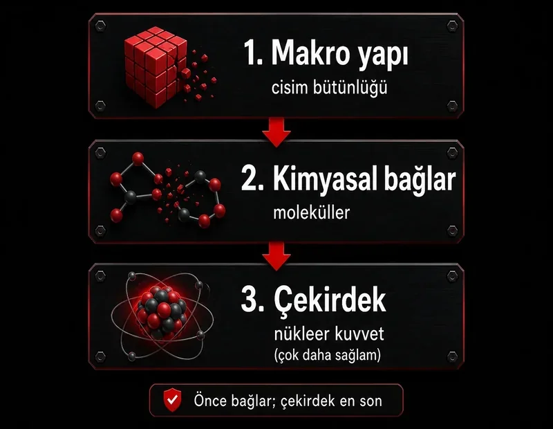 Spagettileşmede bağ kopma sırası: büyük yapı, kimyasal bağlar ve nükleer kuvvet hiyerarşisi şeması