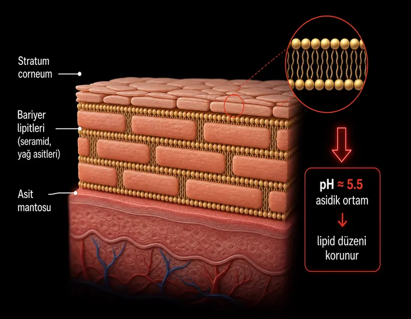 Stratum corneum lipit bariyeri şeması: seramid yağ asitleri, asit mantosu pH 5.5 ve cilt kimyasal kalkanı