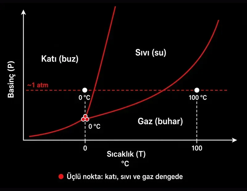 Su üçlü nokta faz diyagramı şeması: katı sıvı gaz bölgeleri, 0 °C, 100 °C ve üçlü nokta