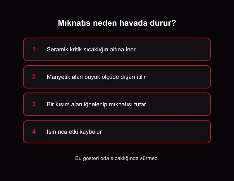 Süper iletken mıknatıs şeması: seramiğin soğuması, manyetik alanın dışarı itilmesi, alanın iğnelenmesi ve ısınınca etkinin bitmesi