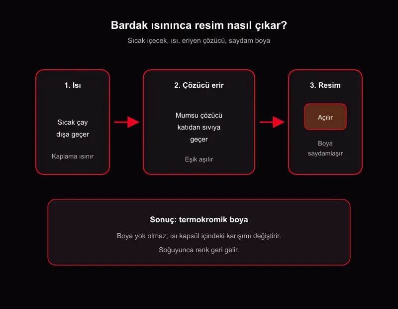 Sihirli kupa nasıl çalışır akış şeması: sıcak içecek, ısı, eriyen çözücü, saydam boya ve görünen resim