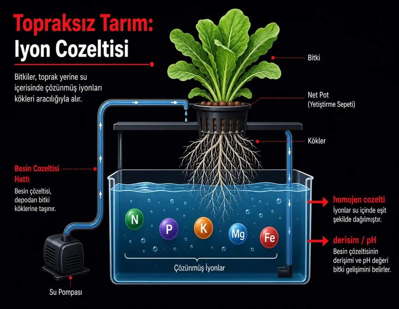 Topraksız tarımda temel mineral besinlerin iyon çözeltisiyle köke ulaşması şeması