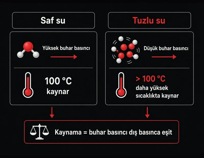 Tuzlu su neden geç kaynar: saf su ve tuzlu suda buhar basıncı ile kaynama noktası karşılaştırma şeması