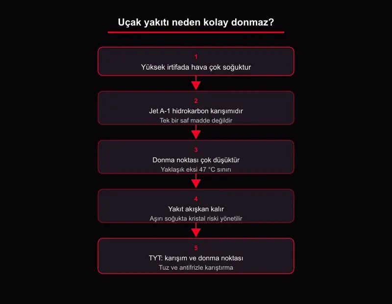 Uçak yakıtı neden donmaz akış şeması: yüksek irtifa soğuğu, Jet A-1 hidrokarbon karışımı, eksi 47 °C donma sınırı, akışkan yakıt