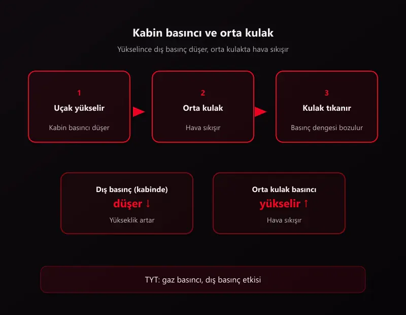 Uçakta kulak tıkanması şeması: kabin basıncı düşer, orta kulakta hava sıkışır ve kulak tıkanır