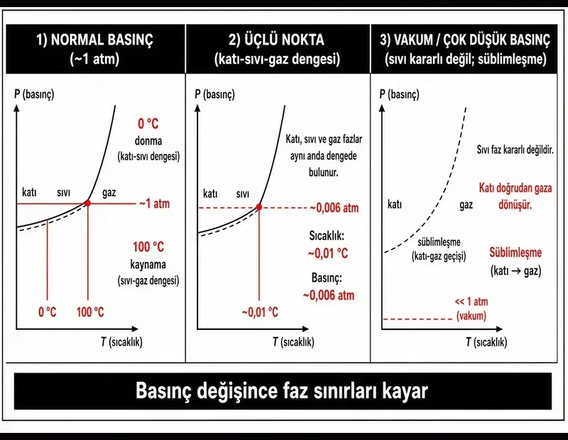 Üçlü nokta, normal kaynama ve süblimleşme karşılaştırma şeması: basınç değişince faz sınırları