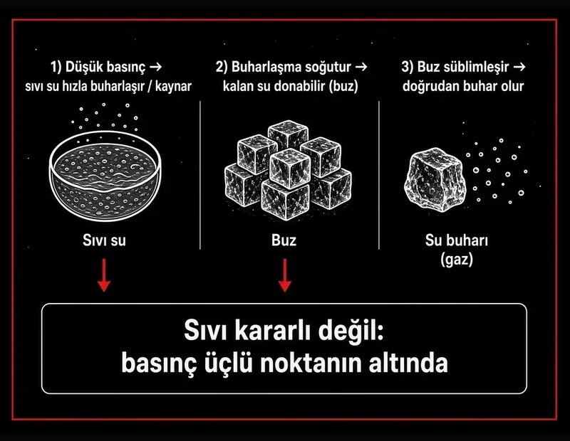 Uzayda vakumda suya ne olur şeması: düşük basınçta buharlaşma, donma ve süblimleşme adımları
