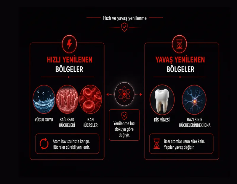 Atomlar yenilenir mi karşılaştırma şeması: hızlı su ve yumuşak doku, yavaş diş ve bazı sinir DNA bölgeleri