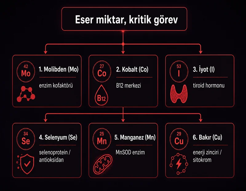 Vücuttaki eser element görev şeması: molibden enzim, kobalt B12, iyot tiroid, selenyum antioksidan, manganez MnSOD, bakır enerji zinciri
