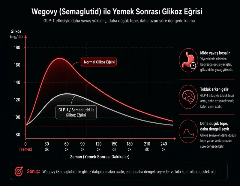 Wegovy yemek sonrası glikoz eğrisi şeması: GLP-1 ile yumuşak glikoz dalgası ve erken tokluk