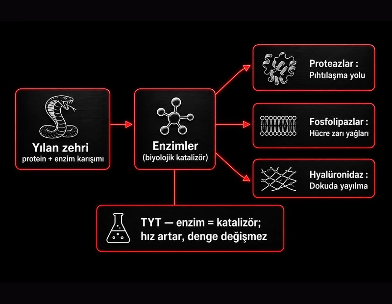 Yılan zehri kanda etki akışı; enzim karışımı, pıhtılaşma yolu bozulması, proteaz ve fosfolipaz hedefleri