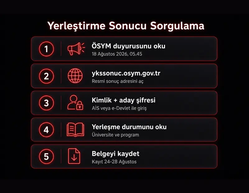 YKS yerleştirme sonucu sorgulama adımları: ÖSYM duyurusu, ykssonuc.osym.gov.tr, kimlik ve şifre, yerleşme durumu, belge kaydı