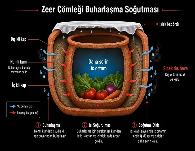 Zeer çömleği kesiti; nemli kum, gözenekli kil duvar, buharlaşma okları ve gıdadan dış yüzeye doğru ısı akışı